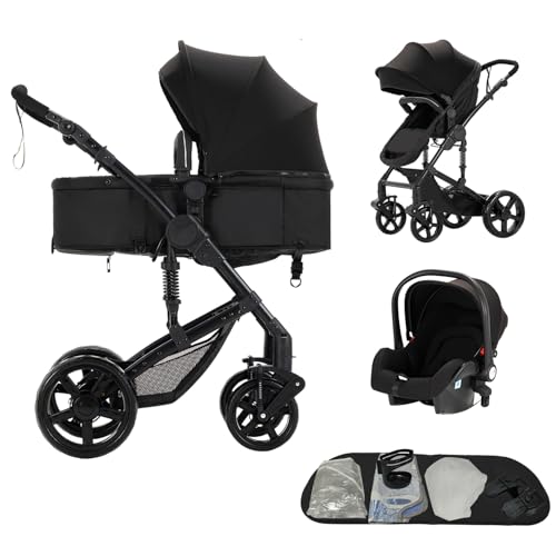 Carrito bebe 3 en 1, Capazo, Cochecito Deportivo y Silla de Coche, para Bebés de 0 a 36 Meses (Negro)