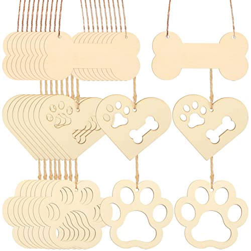 jojofuny Unfinished Wooden Dog Paw and Claw Cutouts 34pcs Bone Tags with Perforated Design and Hemp Rope for DIY Graffiti and Home Decoration