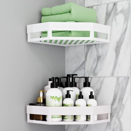 Image of J JINXIAMU Diamond Shape Plastic Bathroom Corner Shelf Wall Mounted, BUYERZONE Self Adhesive Shower Organizer Rack with Hooks, Waterproof Storage Stand for Kitchen, Wash Basin & Bathroom Accessories