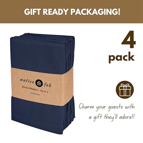 Native Fab Cloth Napkins Set of 4, 100% Cotton, Hemstitch Mitered Edges, Washable Fabric Napkins, 18x18 inch, Soft, Breathable, Reusable Hotel Quality Napkins for Events, Party, Wedding - Navy Blue - Thumbnail 5