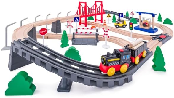 Woody Train Set 80 Pieces with Battery Operated Locomotive and Hanging Bridge Toy