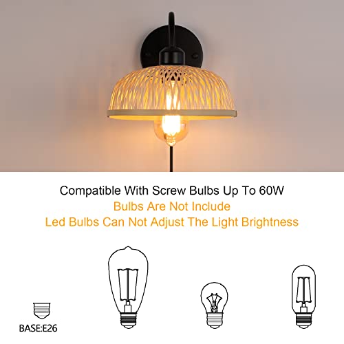Wall Sconces Set Of Two Plug In,Black Farmhouse Dimmable Sconces Neck Light Wall Lamp With Bamboo Rattan Shade And On/Off Rotary Switch, Boho Gooseneck Wall Mounted Lights Fixture For Bedroom #TOP6