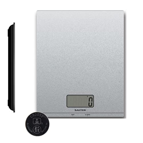 Salter 1173 SVGLDR Electronic Kitchen Scale, 5Kg Capacity, Add & Weigh, Digital Food Weighing Baking Scales, Backlit Display, Easy Clean, Measures Liquids & Fluids, Slim Design Storage, Silver Glitter