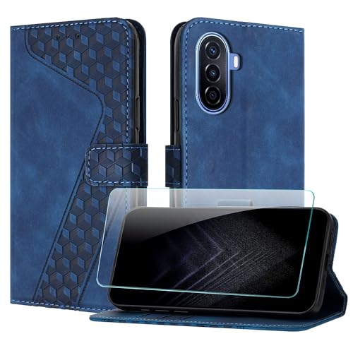 JayModHülle Handyhülle für Huawei nova Y70 / Y70 Plus mit Schutzfolie, Flip Wallet PU Leder Huawei nova Y70 Plus hülle [Kartenfach] [Magnet] [Ständer] 360 Stoßfeste Schutzhülle - Blau