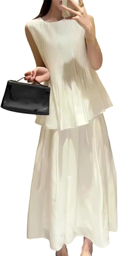 Women's French Fashion Two Piece Set Sleeveless Pleated Vest Top and High Waist A-Line Mini Skirt