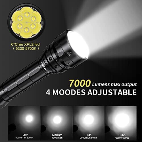 Wurkkos DL61 Diving Torch, 7000 Lumens Underwater Torch, Rechargeable, 6 x Cree XPL2 LED Diving Torch with 2 x 26650 Batteries and Charger