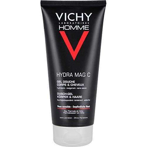 Vichy Homme Hydra Mag C Duschgel Körper und Haare, Belebendes Männer-Duschgel mit Magnesium und Vitamin C, Reinigend, belebend und feuchtigkeitsspendend, Bei empfindlicher Haut, 200 ml