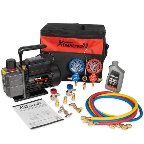 XtremepowerUS 1/3 HP 3.5CFM Single Stage A/C Vacuum Pump and AC Manifold Gauge Kit for R32 R134a R22 R410a Systems HVAC Air Conditioning Refrigeration Recharging Can Tap