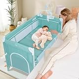 ANNA QUEEN Baby Bassinet Bedside Crib Sleeper 5 in 1 with Detachable Changing Table,Pack and Play with Mattress,Storage,Music and 5 Adjustable Height,Portable Baby Playard for Newborn Toddlers
