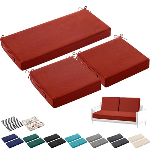 Leinuosen 3 Pcs Outdoor Chair Cushions Set 44 x 19 Inch Loveseat Waterproof Patio Furniture Love Seat Pad Cushions with Ties for Square Settee Indoor Sofa Wicker Couch Bench(Burgund)