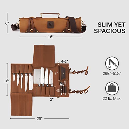 Kyoku Chef Knife Roll Bag, Kitchen Knife And Utensil Holder With 10 Slots 3 Cutlery Holders For Chef Knife Set, Oiled Leather And Waxed Canvas Knife Roll Up Travel Bag With Adjustable Strap, Brown #TOP5