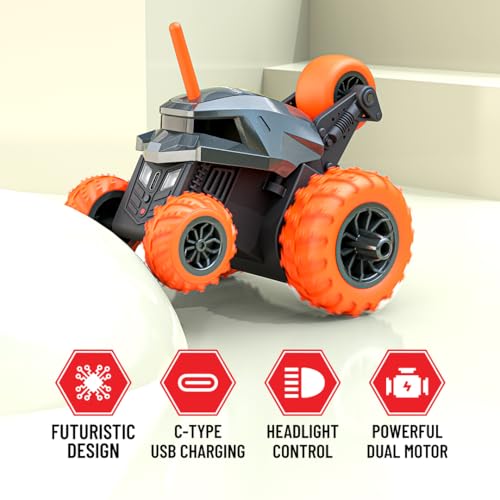 Image of Mirana Warrior 360 Rotating Stunt RC Car | High Speed Remote Control Vehicle | USB Type-C Rechargeable Toy for Kids for Boys and Girls | Made in India (Grey-Orange)