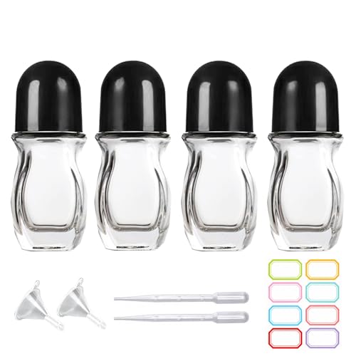 PYAWI 4 PCS 30ml Deodorant Glass Roller Bottles - 1oz Essential Oil With Plastic Ball Black Cap - Empty Refillable Massage Roll On Containers
