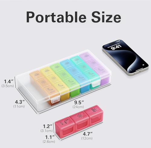 Image of BUG HULL Pill Organizer 3 Times a Day, Weekly Pill Organizer 3 Times a Day, 7 Day Pill Box Cases Morning Noon Evening, Medicine Pill Organizer for Vitamin, Cod-Liver Oil, Supplements (Rainbow White)