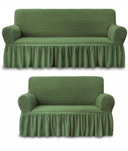 Image of Bails Sofa Cover 3 Seater and 2 Seater Fully Covered | Sofa Cover 3 Seater Fully Covered | Universal Elastic Bubble Fabric with Frill Sofa Protector Cover (Olive Green, 3 Seater + 2 Seater)
