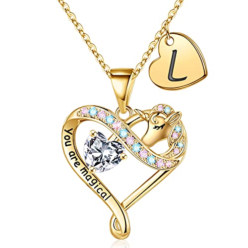 Storup Unicorns Gifts For Girls, 14K Gold Plated Heart Pendant Colorful Cz Unicorn Necklace Initial L Necklace Letter Pendant Unicorn Necklaces For Girls Women Unicorns Gifts For Girls Women Jewelry #TOP15