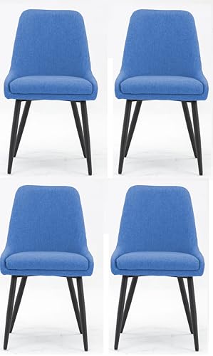 Image of Finch Fox Morris Glam Comfortable Fabric Upholstered Padded Living Room Side Dining Chair for Cafeteria Bedroom, Restaurents, Home, Office with Black Metal Legs in Blue Color (Set of 4)