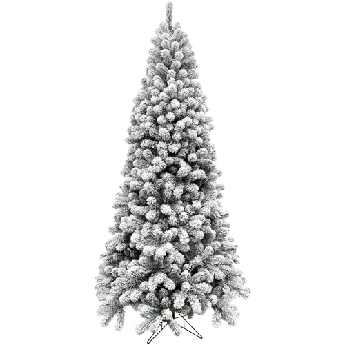 Fraser Hill Farm 12-Ft. Alaskan Pine Flocked Artificial Christmas Tree with Stand, Unlit Foldable Fake Tree with Realistic Snowy Foliage for Home Decoration