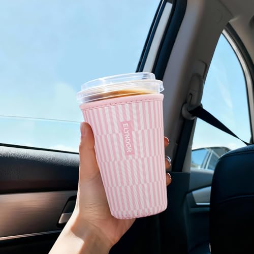 Image of Reusable Insulated Sleeve for Iced Coffee Cup, 3-Pack Coffee Neoprene Drink Sleeve for Cold & Hot Drinks, Beverage Holder for Iced Coffee (Pink Ripples)