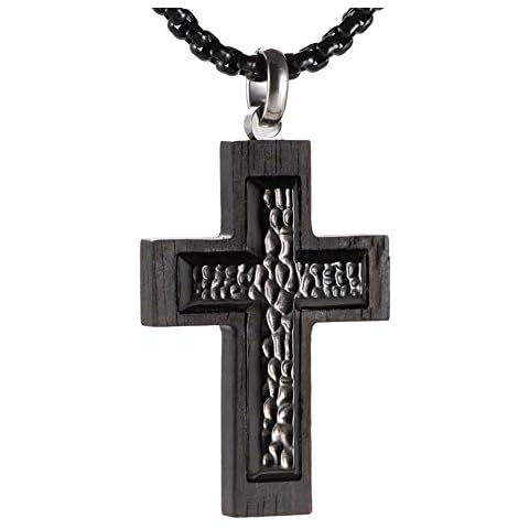 SHARDON Men's Black Ebony Wood Cross Pendant with Hammered Finish Stainless Steel Inlaid Necklace Cover