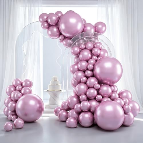 Image of RUBFAC Metallic Mauve Pink Balloons 129pcs Different Sizes Pack of 18 12 10 5 Inch, Latex Chrome Lilac Balloon Garland Arch Kit for Wedding Princess Birthday Party Engagement Bachelorette Decorations