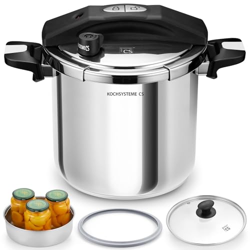 KOCH SYSTEME CS 8 Litre Pressure Cooker Stainless Steel, 3-in-1 Pressure Cooker, One-Hand Locking, 3 PSI Settings Pressure Canner, Induction Compatible, Includes Glass Lid & Steamer, 8.5QT