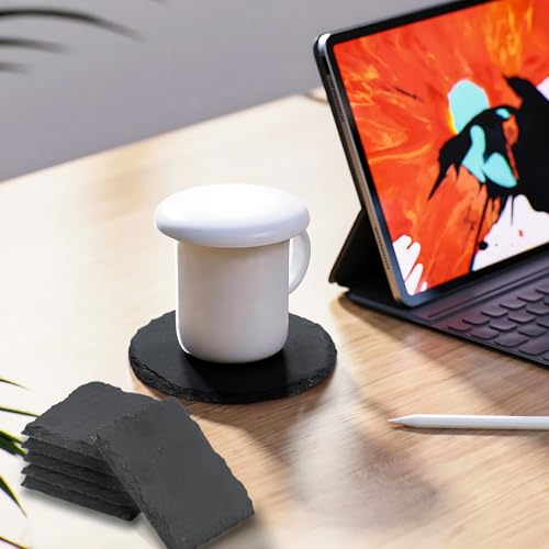 12PCS Slate Drink Coasters, 10 cm / 4 Inch Black Square Stone Coasters Bulk Cup Coaster Set with Anti-Scratch Bottom for Bar Kitchen Home Apartment