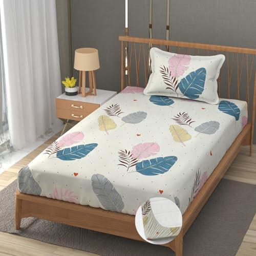 Image of Premium Heavy Cotton Elastic Fitted Bedsheets with 1 King Size Pillow Covers | Single Bed with All Around Elastic 350 TC | 36 x 78 x 6 Inch Single Size Fitted | - Colorfull Wings