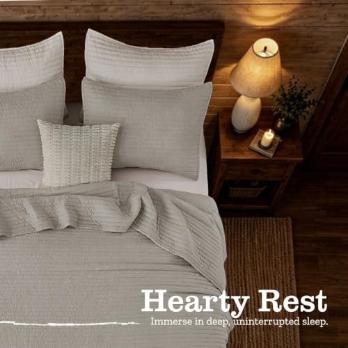 DOWN HOME Queen Quilt Bedding Set with Shams, Vintage Washed Soft Quilted Blanket Thin Comforter Lightweight Bedspread Coverlet Bed Cover, Brushed Microfiber Stripe Stitching, Dust Gray, 86"x90" by DOWN HOME - Used condition - Image 6