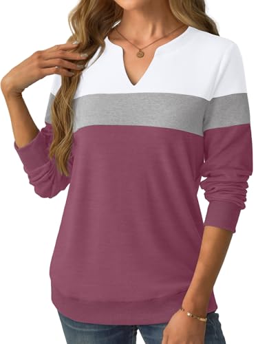 GKBK Womens Sweatshirts Long Sleeve Fall Tops Lightweight Color Block V Neck Cute Loose Casual Pullover — view 6