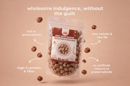 Image of PHOOL SWAAD Chocolate Roasted Makhana (110GM) - Sweet Crispy Fox Nuts | Dark Chocolate Infused Gourmet Lotus Seeds | Healthy Diet Dessert Snack, High Protein, Plant-Based