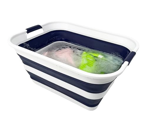 Image of SAMMART Collapsible Plastic Laundry Basket with Handle /Foldable Pop Up Storage Hamper /Portable Laundry Organizer-Space Saving Washing Tub /Household Storage (White /Starry Blue, 42L)