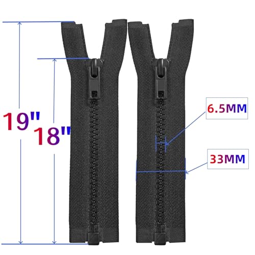 Image of MebuZip 2PCS #5 18 Inch Separating Jacket Zippers Resin Zipper Molded Plastic Zippers Bulk for Sewing Coat Jackets Clothes (Black)