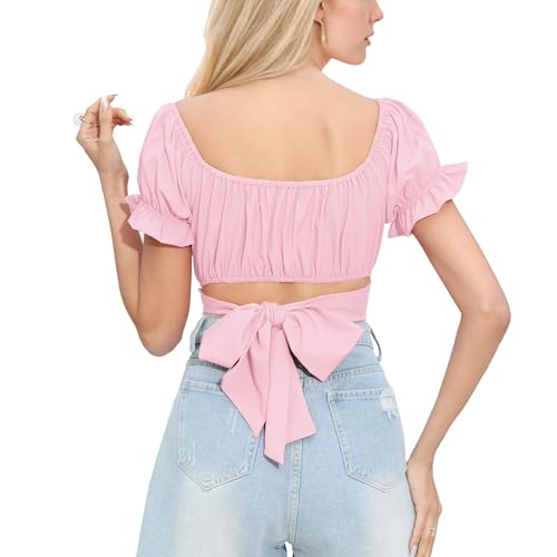PUKAVT Women's Short Sleeve Crop Tops Summer Off Shoulder Blouses Ruffle Sexy Tie Back Top4