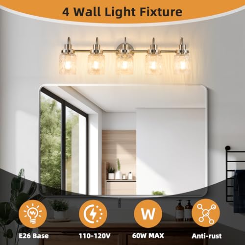 Image of 5 Lights Hammered Glass Bathroom Vanity Light,Brushed Nickel | Easy Installation,Up or Down,Farmhouse Modern Style,E26 Socket,ETL Certification