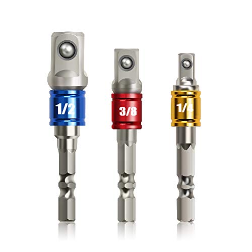 Drill Socket Adapter for Impact Driver - JelBo 1/4' Hex Shank CR-V Impact Grade Socket Adapter Set, Square Drive Socket Adapter Extension Bit Set for Power Drill Torque Wrench (3PCS: 1/4', 3/8', 1/2')