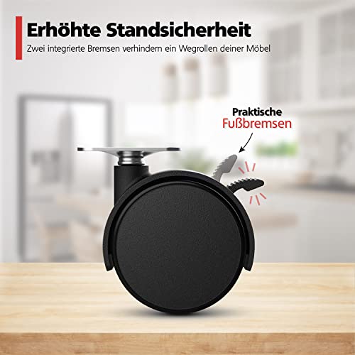 RAVN HAMAN 4er Set Möbelrollen 50 mm - Lenkrollen mit Bremse bis 30 kg pro Rad - Schwenkrollen für Innenmöbel - Transportrollen mit geringem Rollwiderstand