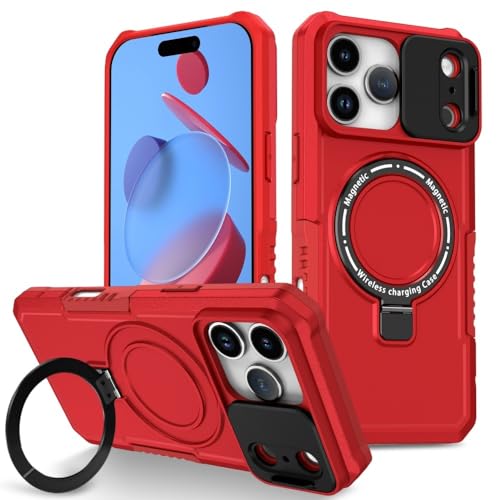 Coque iPhone 17 Pro Max rouge noir avec anneau rotatif et support silicone rigide