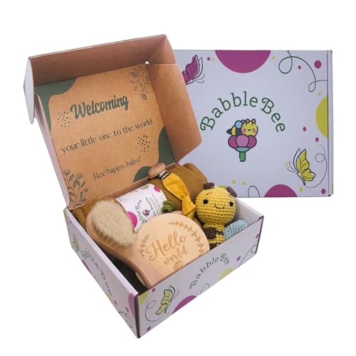 Canastilla Bebe Recién Nacido Set Regalo Muselina Bambú Algodón Sujeta Chupetes Sonajero Madera Peine Cerdas Naturales Tarjeta Datos Presentación Premium Baby Shower Niño Niña