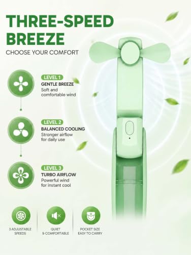 Image of EcoNour Pocket Fan, Green, Mini Handheld Personal Fan, 3-Speed Portable Cooling Fan for Travel, Office & Outdoor