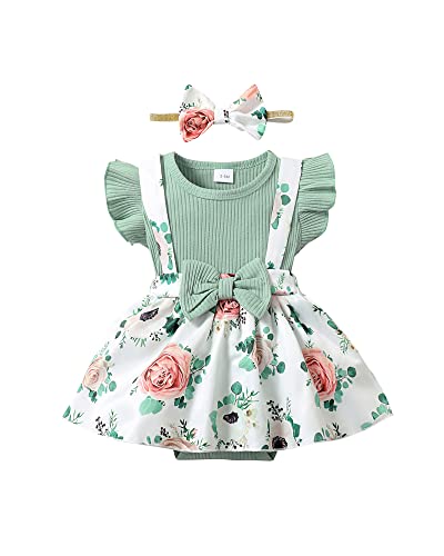 HIGHUZZA Baby Girl Clothes 12-18 Months Newborn Romper Summer Dress Infant Outfits Fly Sleeve Floral Clothing Suspender Headband Overall Skirt Set Green