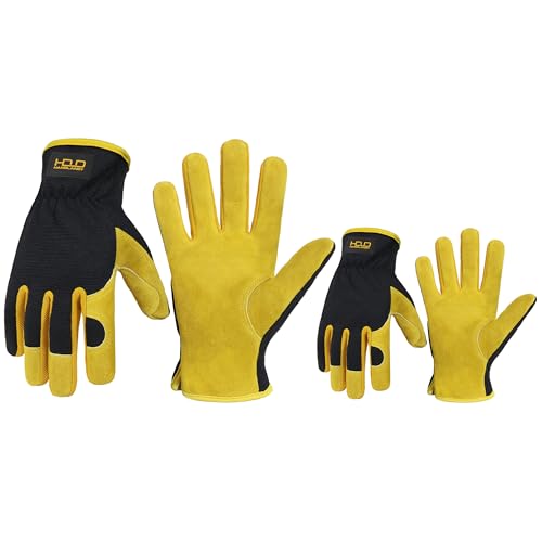 HANDLANDY Work Gloves for Men Women, Utility Leather Gardening Gloves - Safety Working Gloves Cowhide Dexterity & Breathable Design (L, Yellow-Men Size（2 Pairs）)