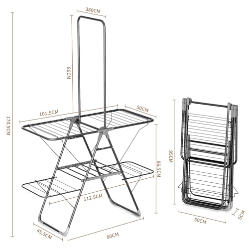 Bigzzia Clothes Drying Rack Foldable, High Hanger Laundry Drying Rack with 4 Height-Adjustable Wings, Lightweight and Space Saving Clothes Airer for Apartments, Dorms, Camping, Gray