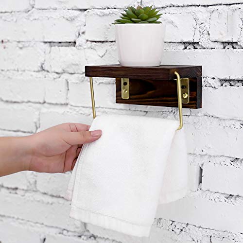 Mygift Rustic Brass Tone Metal Wire Bathroom Towel Ring With Dark Brown Burnt Wood Wall Mount, Hand Towel Rack With Display Shelf #TOP1