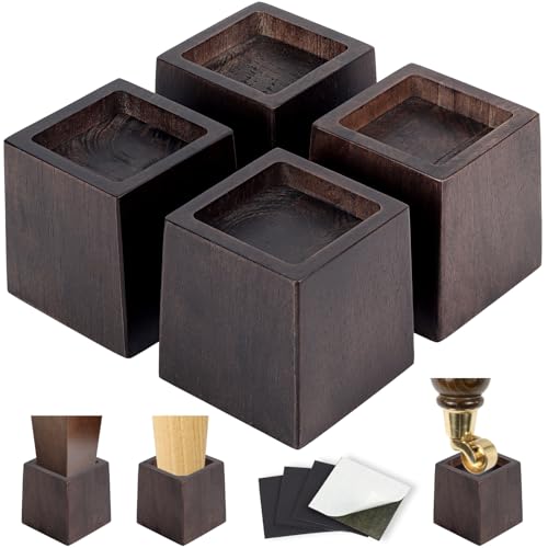 3 Inch Height Heavy Duty Wood Bed Risers – 4 Pack Wood Furniture Risers Extenders for Bed, Sofa&Table, Support Up to 2200lbs, Non-Slip Recessed Hole Furniture Lifts for Storage (Walnut Color)