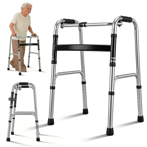 Gehhilfe für Senioren, Leichtgewicht Gehgestell mit Scharnieren und 4 Gummifüße, Faltbarer Höhenverstellbarer Gehbock Ohne Rollen, Gehbock Klappbarer aus Aluminium, Rutschfest Stabil Gehwagen