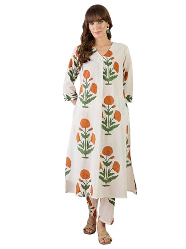Image of INDO ERA Women's Pure Cotton Floral Printed A-Line Kurta & Pant Set | Co Ord Set For Women Stylish