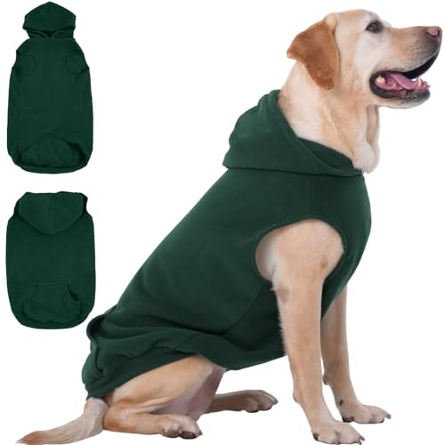 IECOii XXL Dog Hoodie for Large Dogs, Fleece Dog Sweatshirt for Large Breed Male Female Dogs,Pet Pouch Hoodie Winter Sweater Coat with Leash Hole, Warm & Lightweight Outfit for Pitbull, Gree