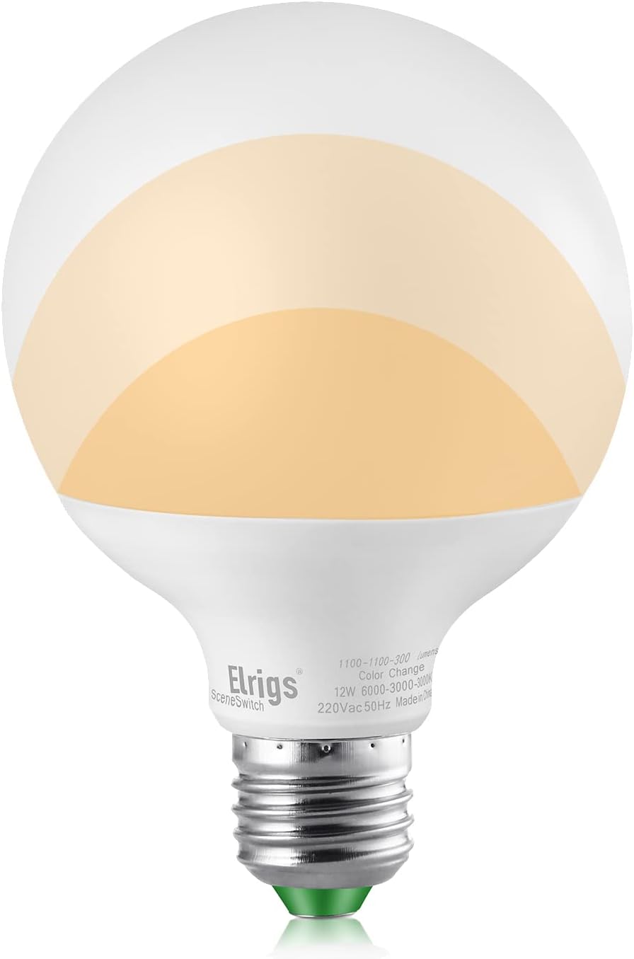 Elrigs 3-Setting LED Globe Light Bulb, 12W(6000K)-12W(3000K)-3W(2500K), 120 Volt, No Dimmer Needed, E26 Medium Base, 100W-100W-25W Equivalent, 1100/1100/260-Lumen