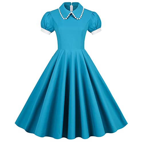Robe de cocktail rétro chic avec jupe plissée élégante style rockabilly bleu XXL